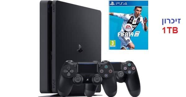 פלייסטיישן 4 בחבילה שני שלטים ומשחק FIFA 19 זיכרון 1TB